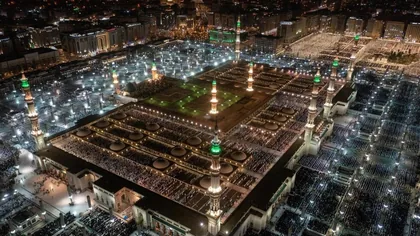 Aerial view of Al-Masjid an-Nabawi and its courtyards after dark