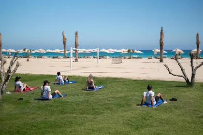 Guests on the lawn overlooking the beach and sea