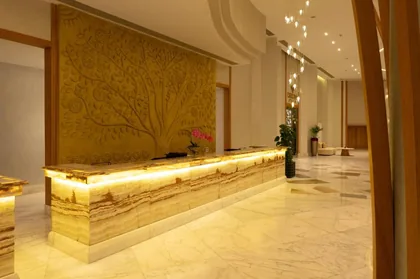 Reception desk backed by a lit onyx feature wall